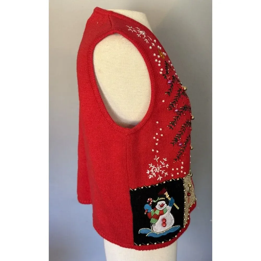 VTG Lisa International Sz PM Ugly Christmas Sweater Vest‎ Real Jingle Bells Snow